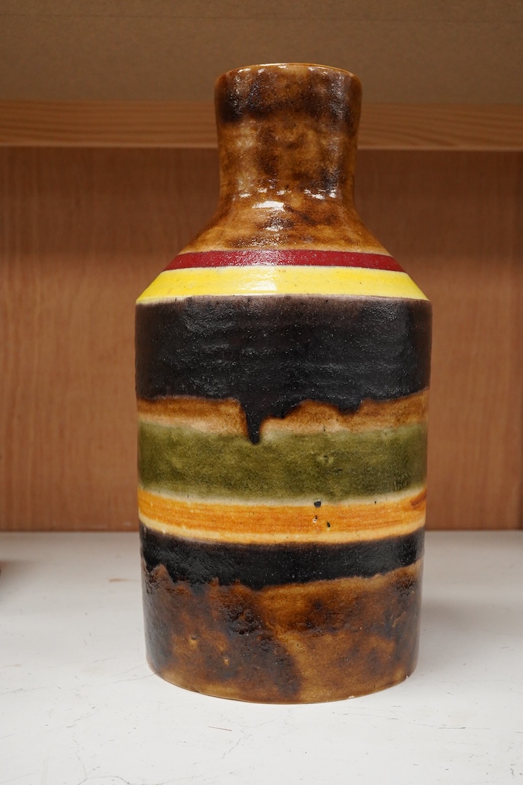 Guido Gamobone (Italian 1909-1969), a large multi coloured striped glazed earthenware vase signed,38cm high